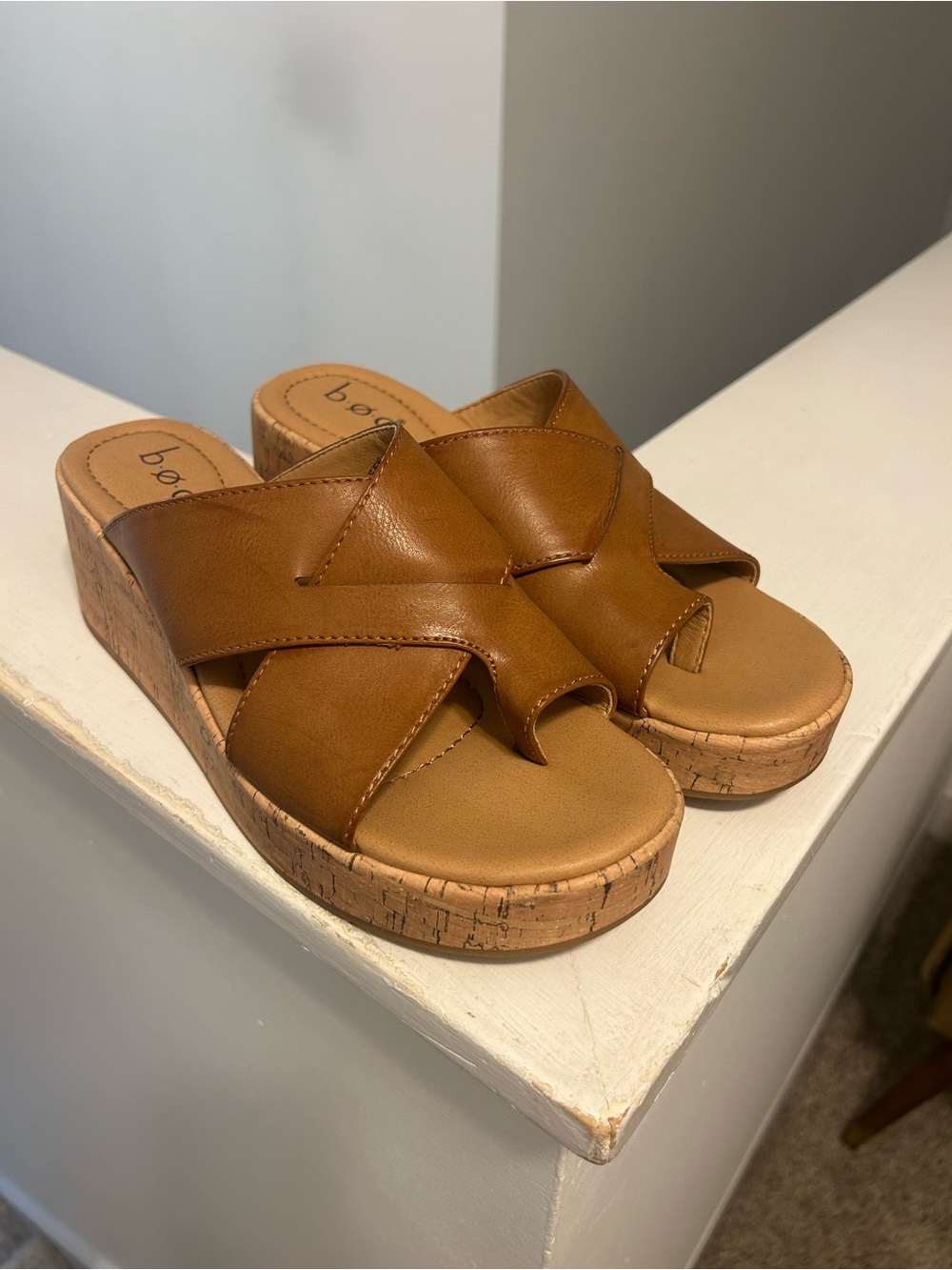 b.o.c. Cognac Leather Cork Wedge Slide Sandals